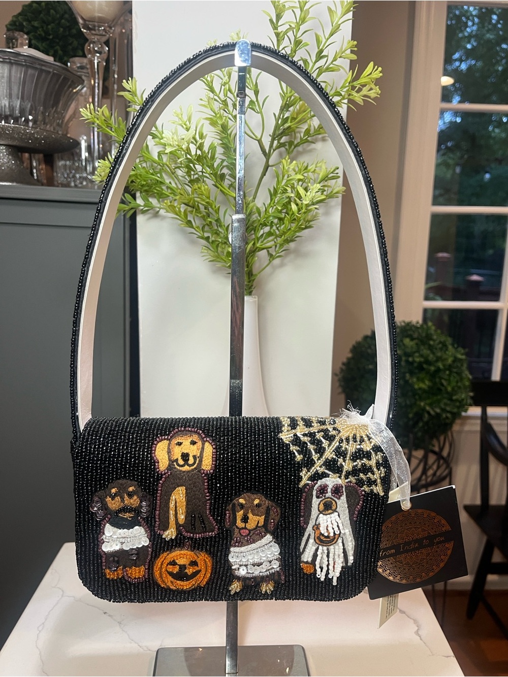 From India to You Beaded Halloween Ghost  Dogs Shoulder Bag - Black NWT